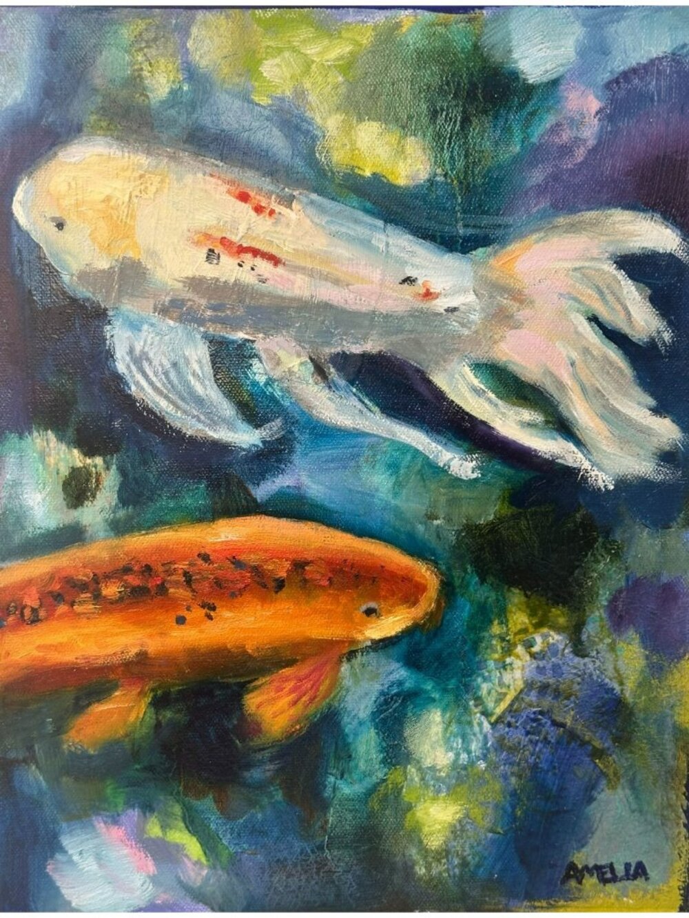 Koi Fish Painting Pond Oil Mixed Media Original Art OOAK Wall Art Decor 11x14